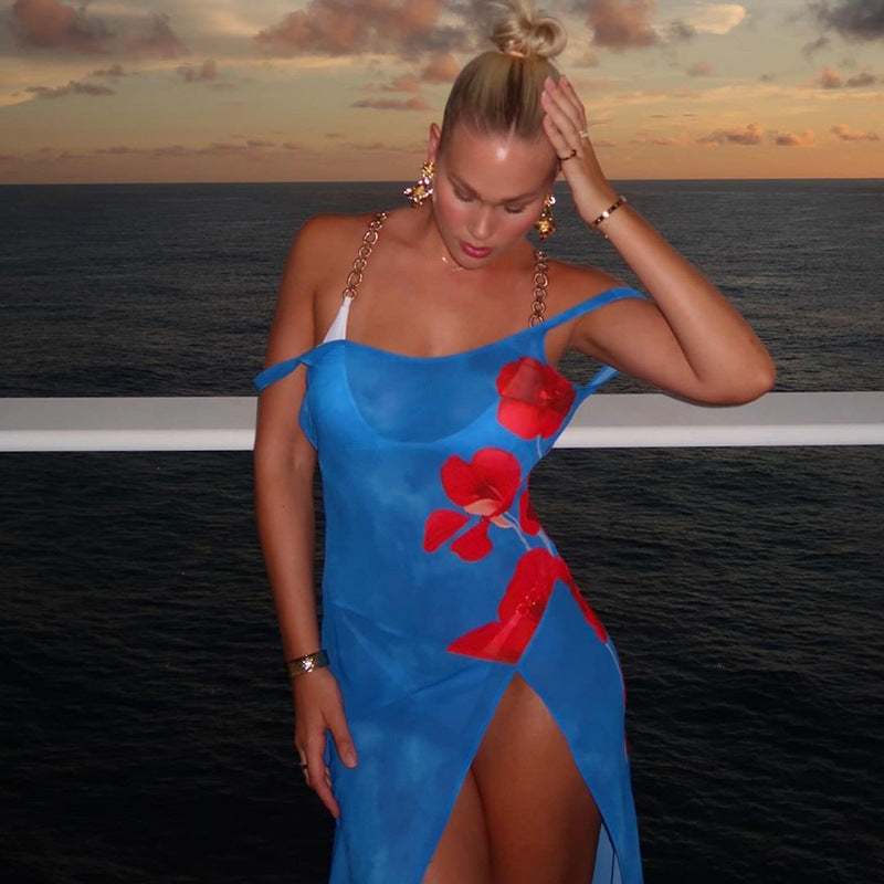 Sexy Big Backless Printed Dress Summer Split Slimming Maxi Dress for Women Bella Mia